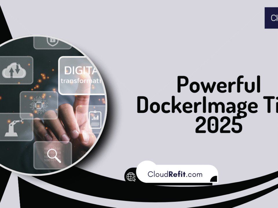 Graphic with title 'Powerful DockerImage Tips 2025' featuring digital transformation icons and branding from CloudRefit
