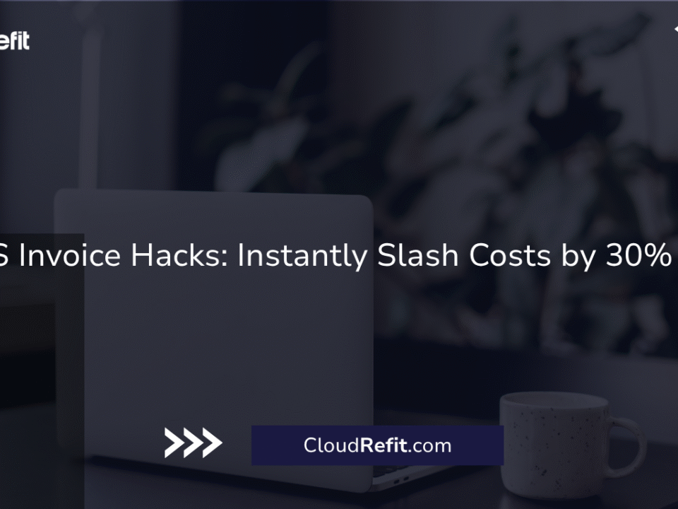 Laptop on desk with promotional text: "AWS Invoice Hacks: Instantly Slash Costs by 30% Fast" from CloudRefit.com.