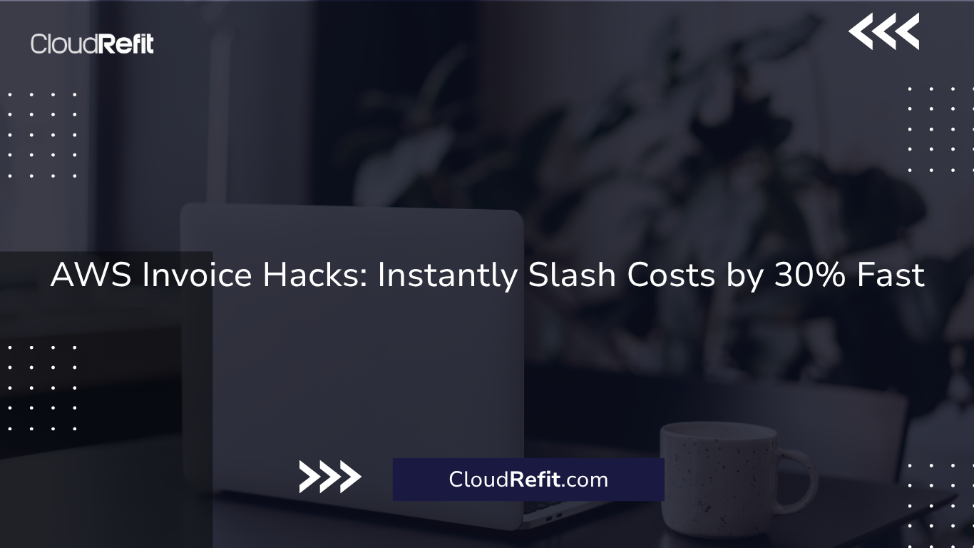 Laptop on desk with promotional text: "AWS Invoice Hacks: Instantly Slash Costs by 30% Fast" from CloudRefit.com.