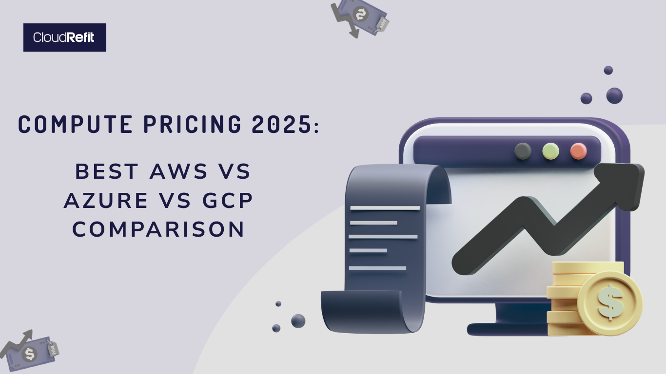 Illustration of a browser window with a rising chart, a receipt, and gold coins, representing cloud compute cost comparison between AWS, Azure, and GCP in 2025.
