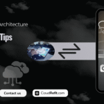 A smartphone displaying cloud network icons with a hand touching a digital cloud, representing hybrid cloud architecture for startups, alongside a data flow graphic and cloud icons.