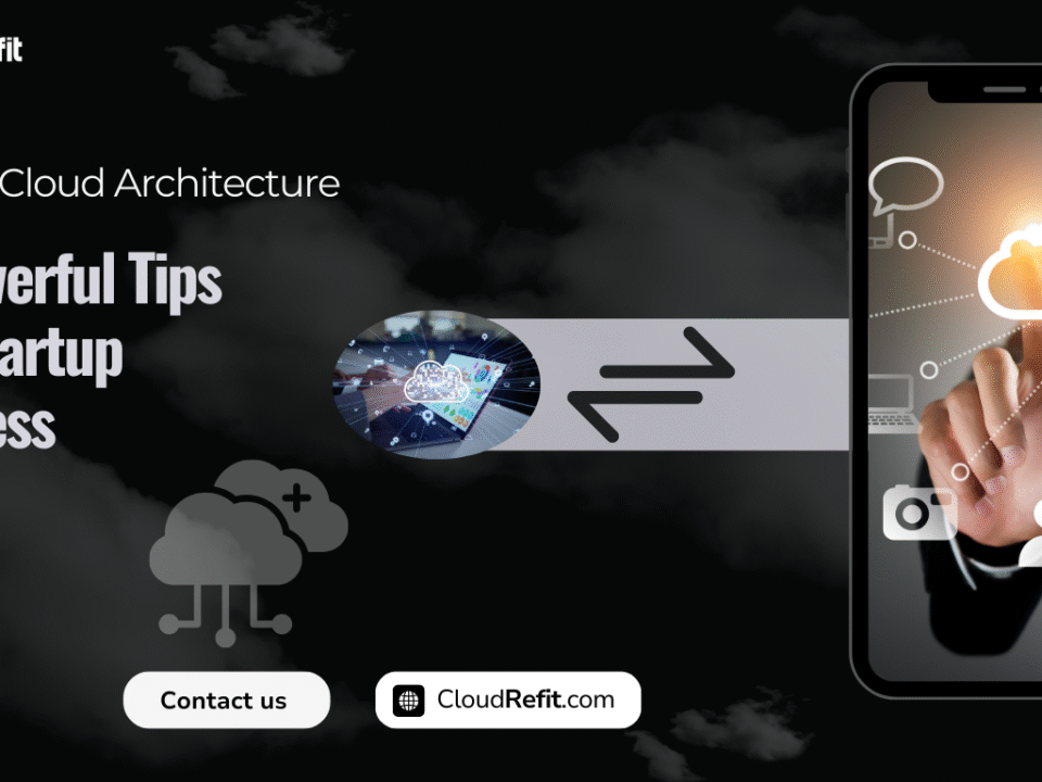 A smartphone displaying cloud network icons with a hand touching a digital cloud, representing hybrid cloud architecture for startups, alongside a data flow graphic and cloud icons.