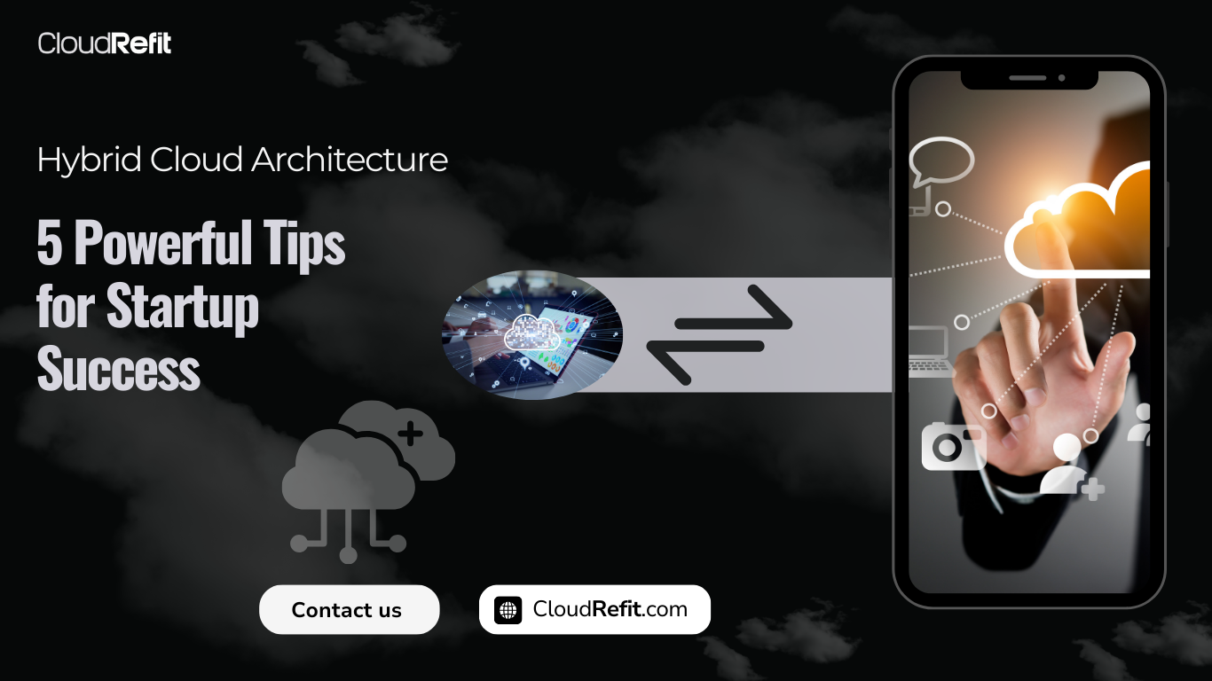 A smartphone displaying cloud network icons with a hand touching a digital cloud, representing hybrid cloud architecture for startups, alongside a data flow graphic and cloud icons.