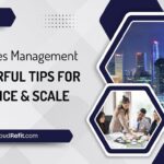 Promotional graphic for Kubernetes Management featuring the title "7 Powerful Tips for Resilience & Scale" with CloudRefit branding and images of a city skyline and a business meeting.