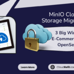 Tablet displaying cloud upload interface beside a secure cloud icon with a padlock, promoting MinIO Cloud Storage Migration and e-commerce optimization using OpenSearch by CloudRefit.