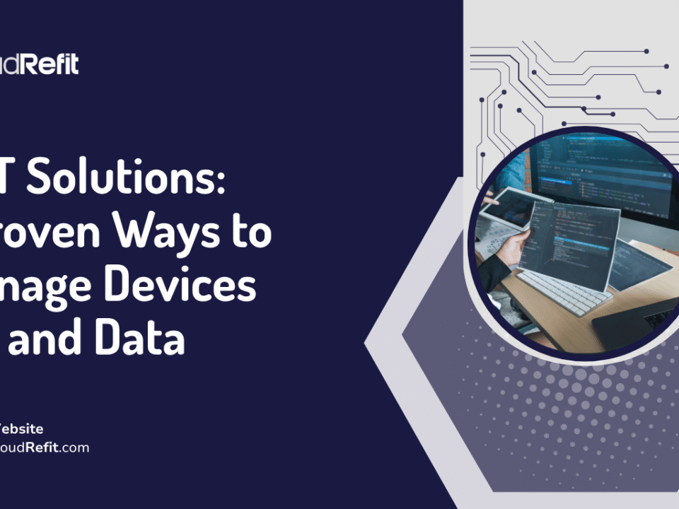 Illustration titled “IoT Solutions: 3 Proven Ways to Manage Devices and Data” by CloudRefit, featuring a person working on a laptop with code on the screen, framed by circuit board graphics.